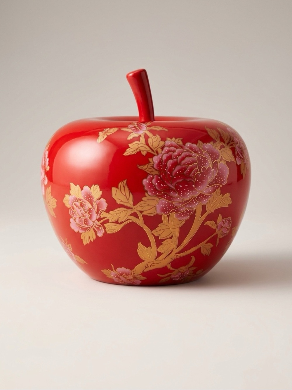 Asian Decor Red Floral Ceramic Apple Accent